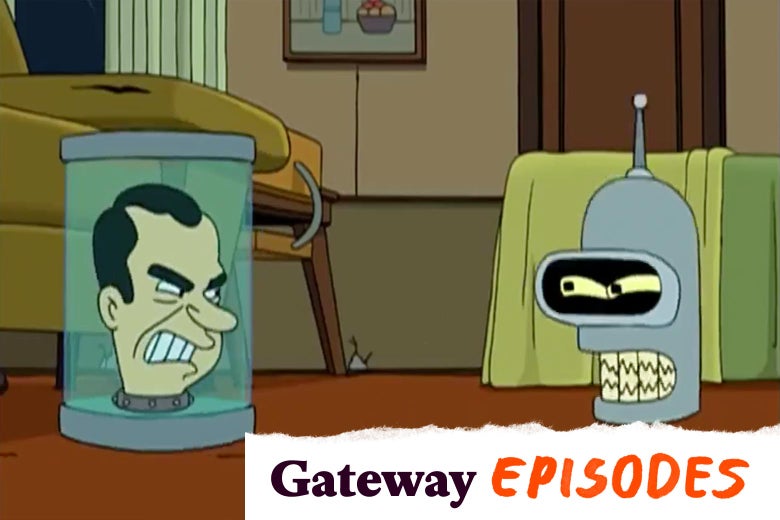In this screengrab, the preserved sentient head of Richard Nixon glares at the disembodied head of Bender, who is also glaring.