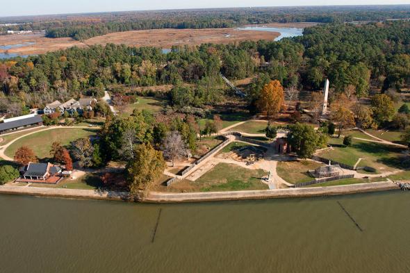 Aerial view of James Fort, Jamestown Island, Virginia.