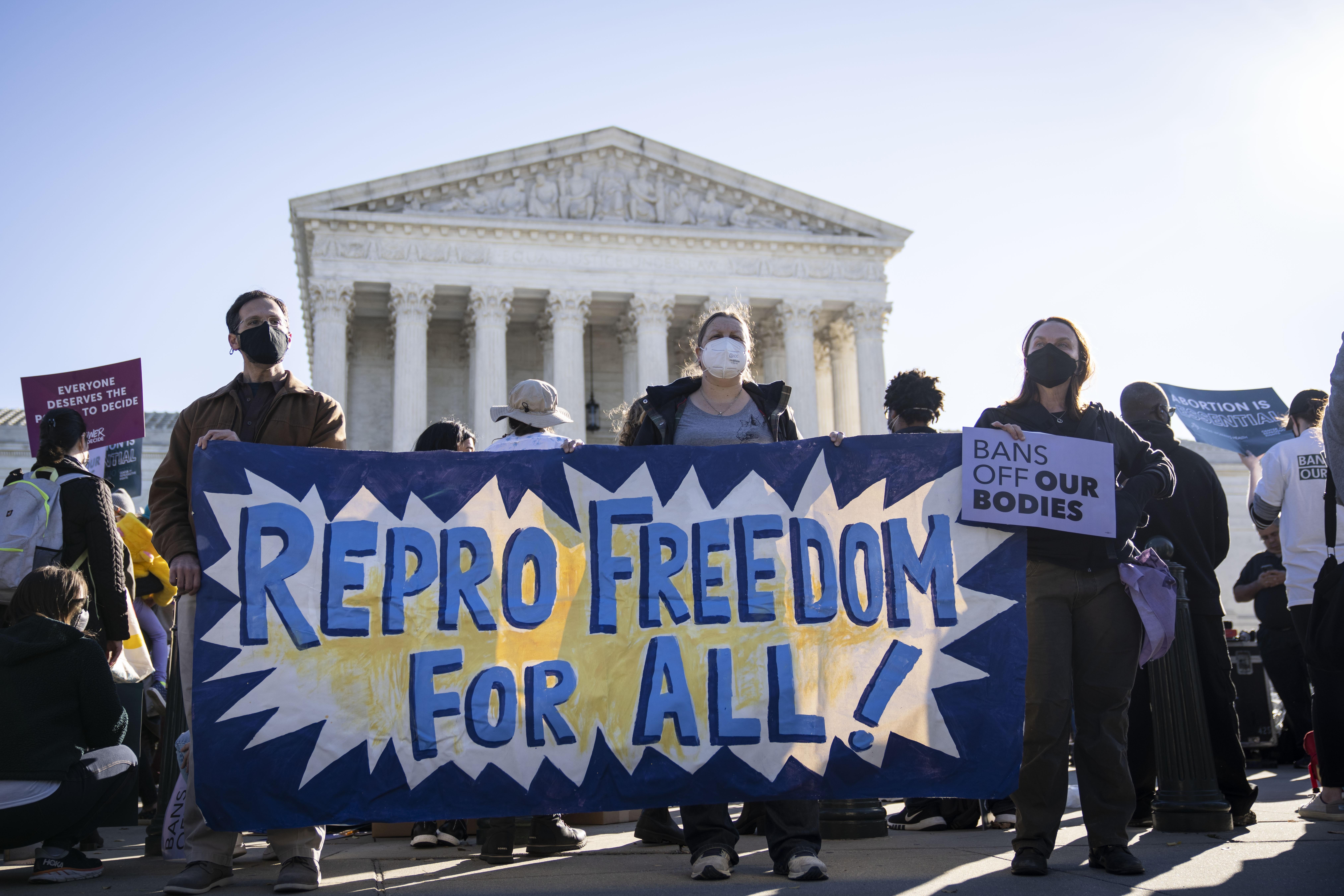 Protesters hold up a banner that says, "REPRO FREEDOM FOR ALL" on the steps of the Supreme Court building.