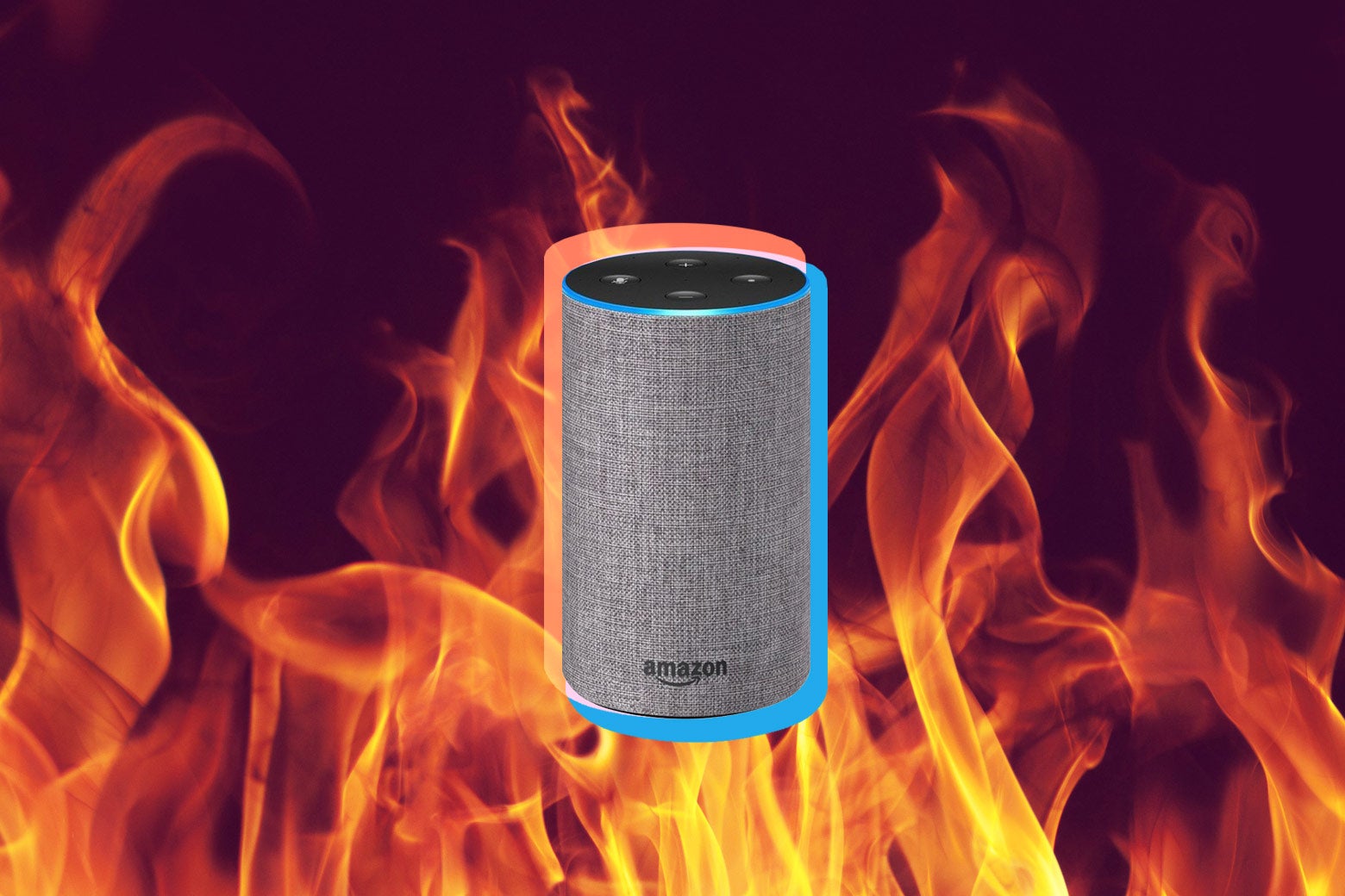 An Amazon Echo, surrounded by flames.