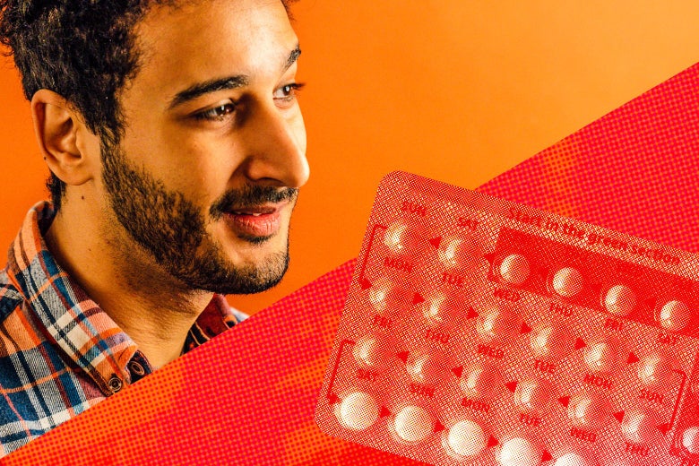 Photo illustration of Aymann Ismail and a back of birth control.
