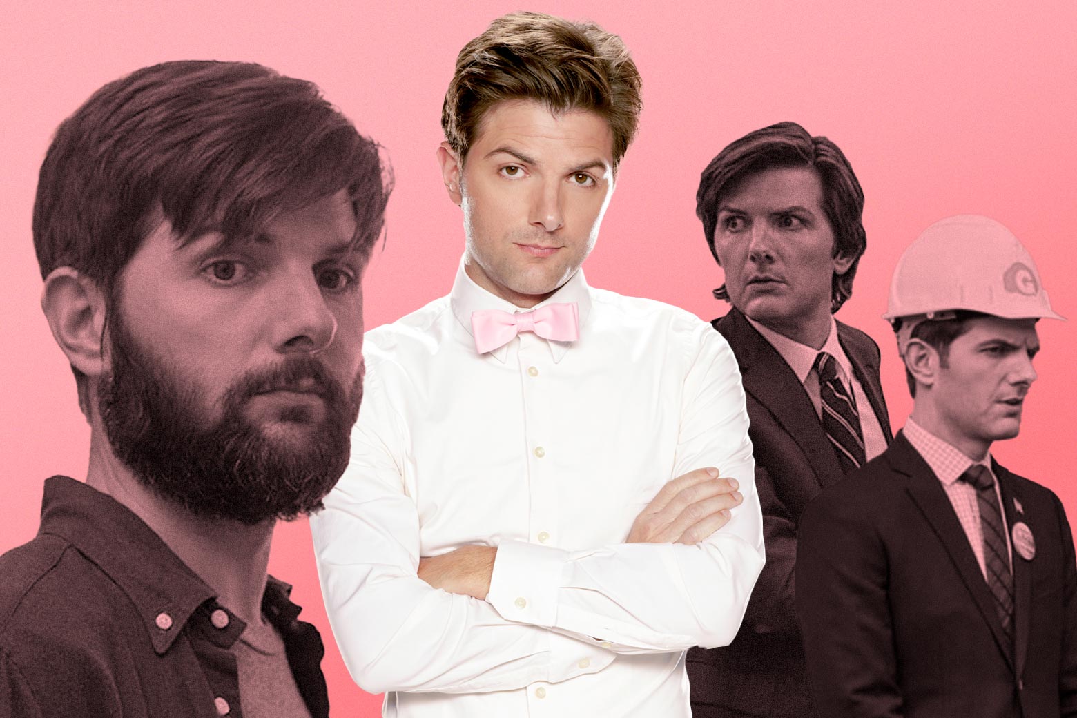 A collage of photos of Adam Scott in various roles including in Party Down and Parks and Recreation.
