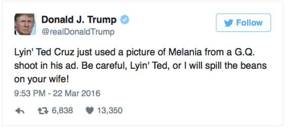 Donald Trump And Ted Cruz Tweet Defending Their Wives And Attacking ...