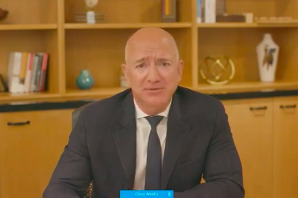 A screenshot of Jeff Bezos testifying remotely.