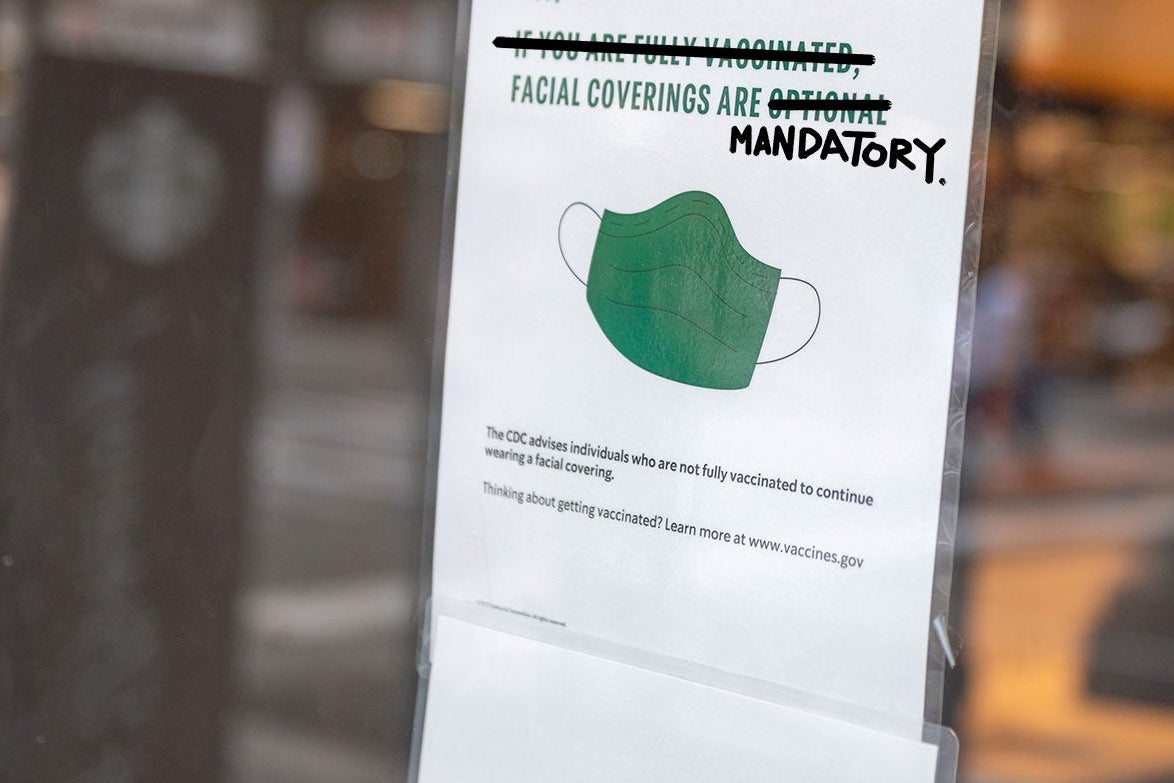 A sign on a door reads, "Facial Coverings Are Mandatory," with "If You Are Fully Vaccinated" and "Optional" crossed out, and "Mandatory" scrawled on.