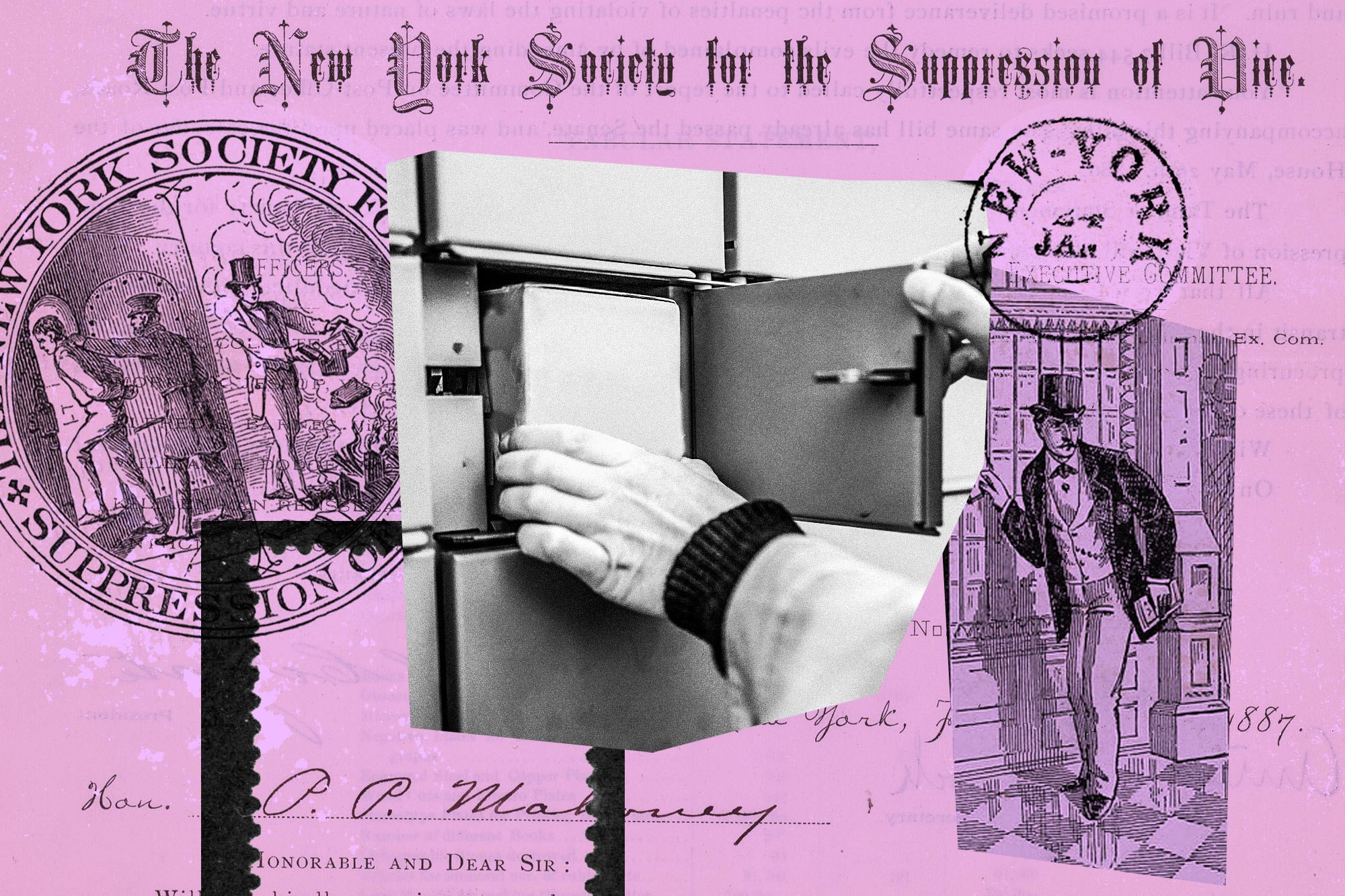 Black-and-white image of a person opening a post office box, while behind it, old-timey stamped letterhead reads, "The New York Society for the Suppression of Vice."