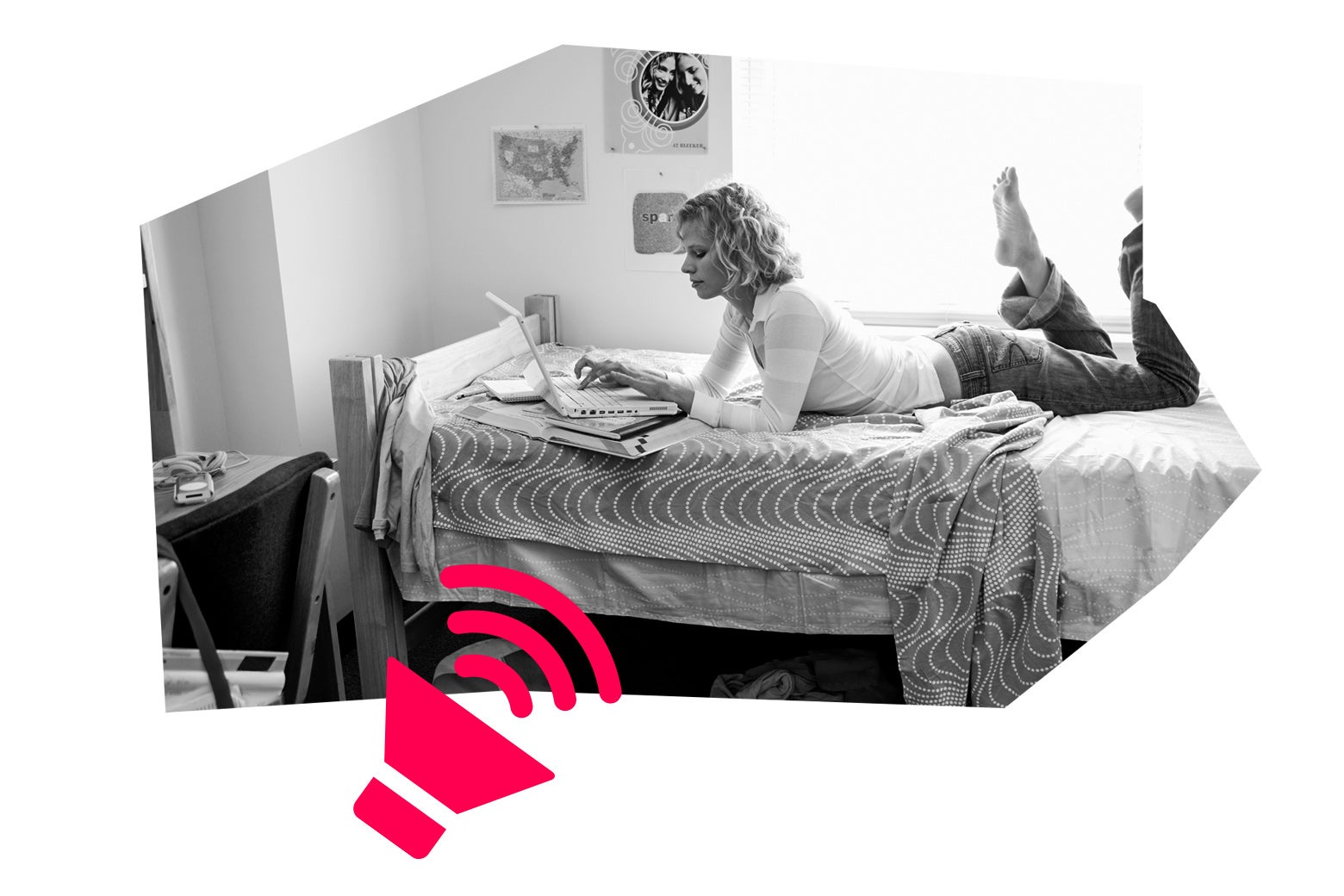 A woman lies on a bed in a dorm room; an illustrated sound icon broadcasts at her.