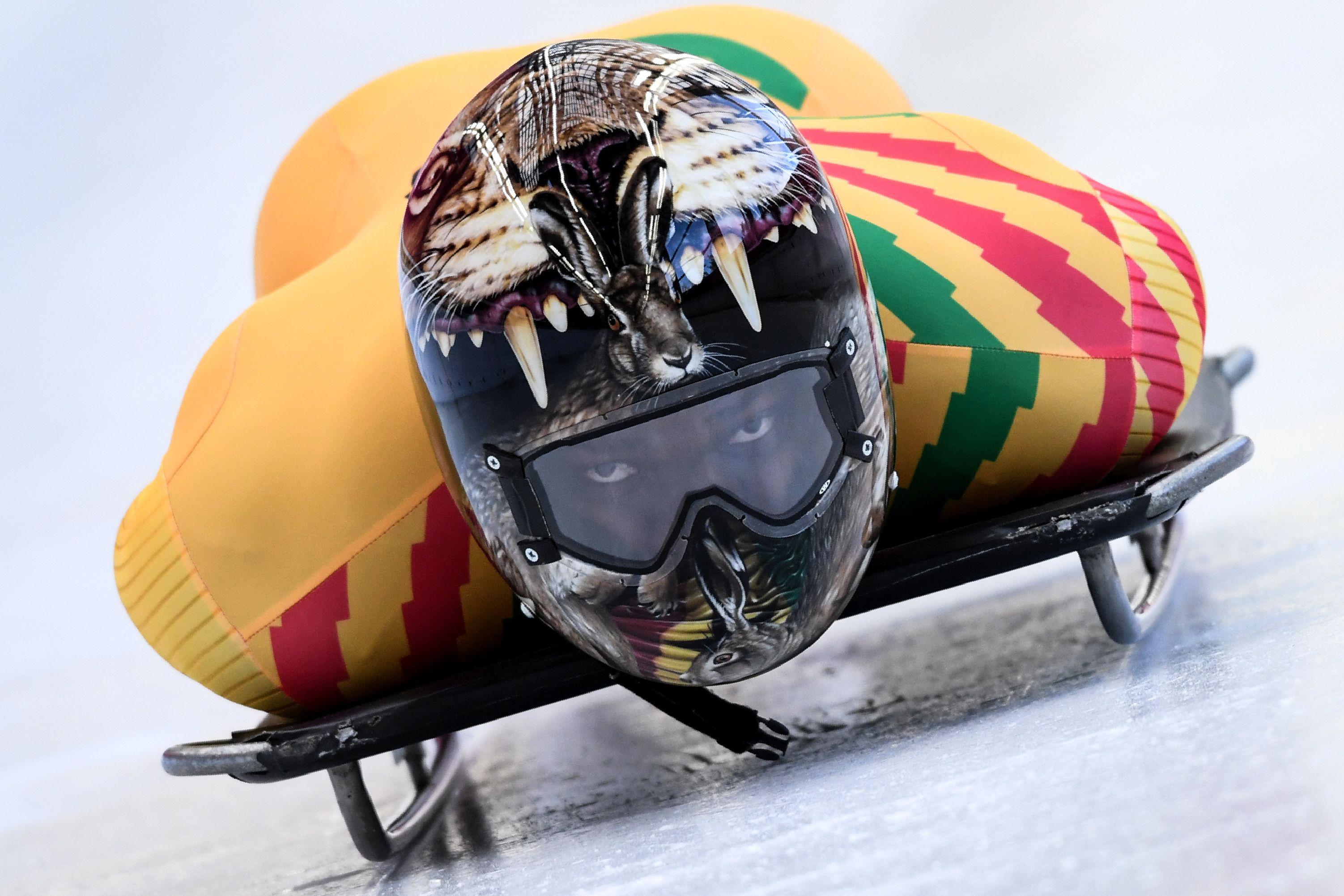 TOPSHOT - Ghana's Akwasi Frimpong takes part in a training session for the men's skeleton event at the Olympic Sliding Centre, during the Pyeongchang 2018 Winter Olympic Games in Pyeongchang, on February 11, 2018.

 / AFP PHOTO / Kirill KUDRYAVTSEV        (Photo credit should read KIRILL KUDRYAVTSEV/AFP/Getty Images)