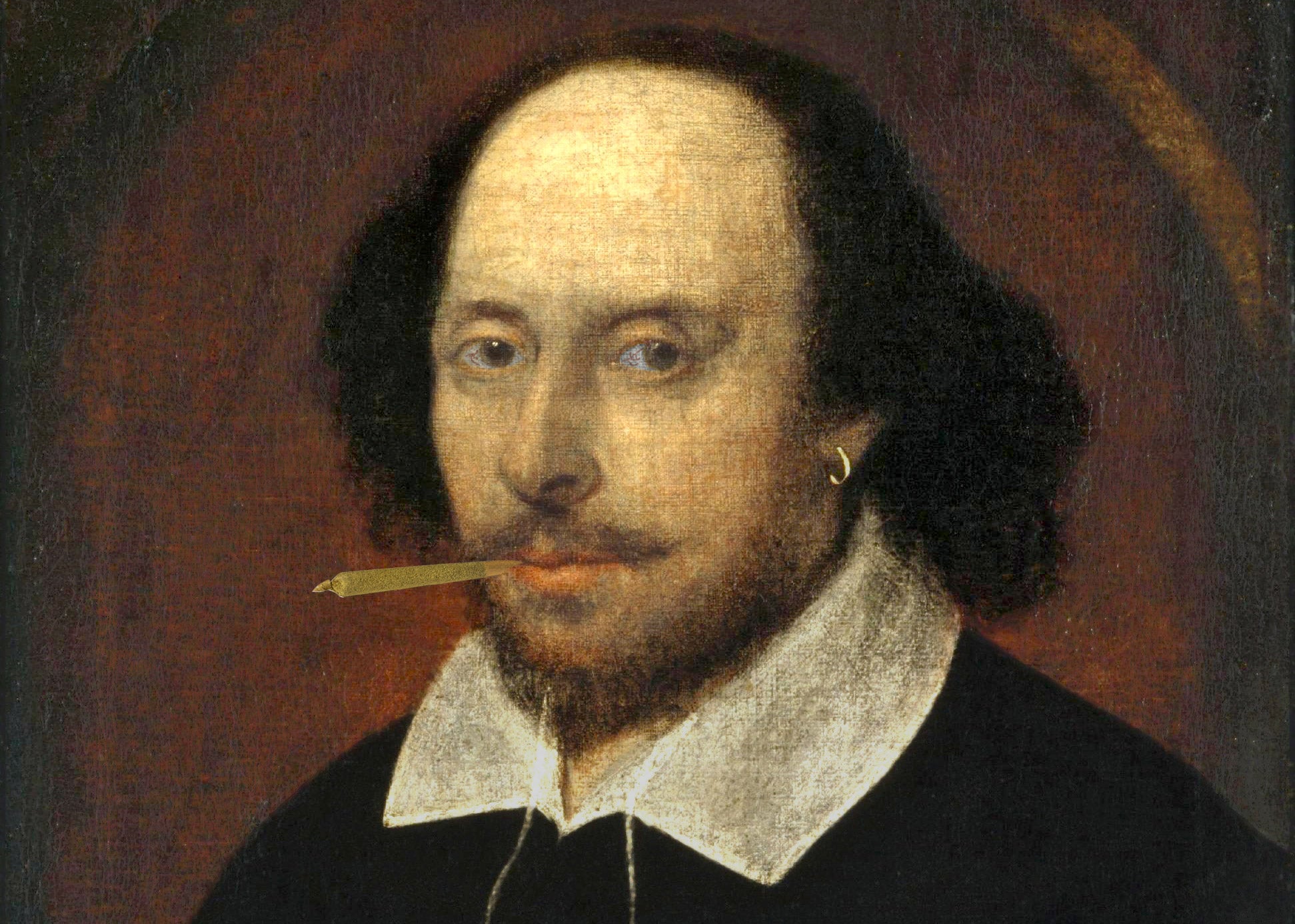 The Chandos Portrait of William Shakespeare altered to add a joint inserted in his mouth and a little bit of red in his eyes.