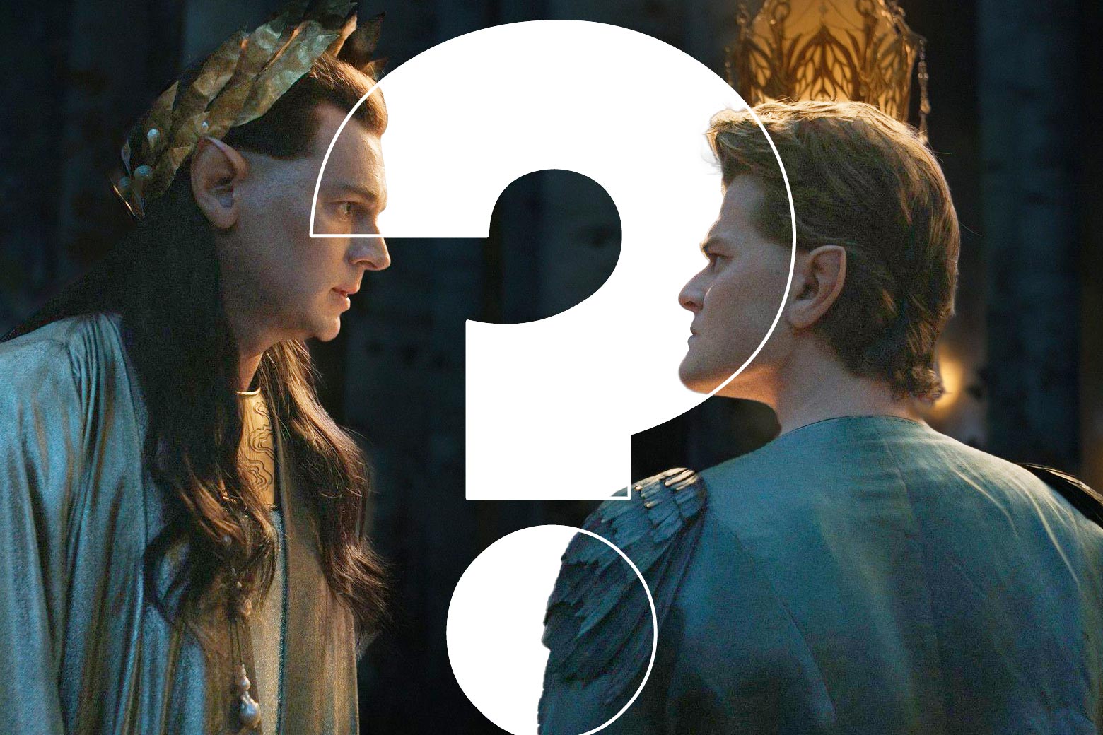 Two men face each other with a large white question mark imposed between them. One has long dark hair and wears a golden leaf crown. Both have pointed ears.