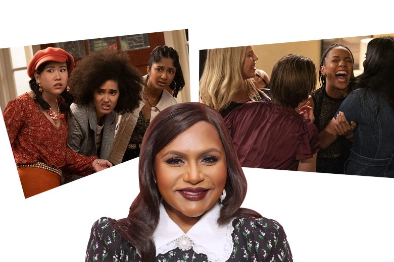 A portrait of Mindy Kaling from the shoulders up, with stills from Never Have I Ever (picturing its three teen stars) and The Sex Lives of College Girls (picturing its four leads huddled in laughter) behind her.
