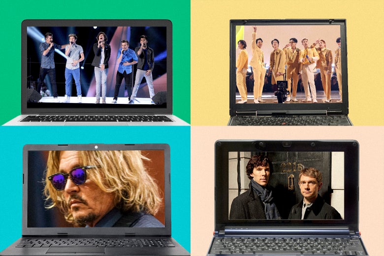 One Direction, BTS, Benedict Cumberbatch and Martin Freeman, and Johnny Depp are each seen in a separate laptop screen.