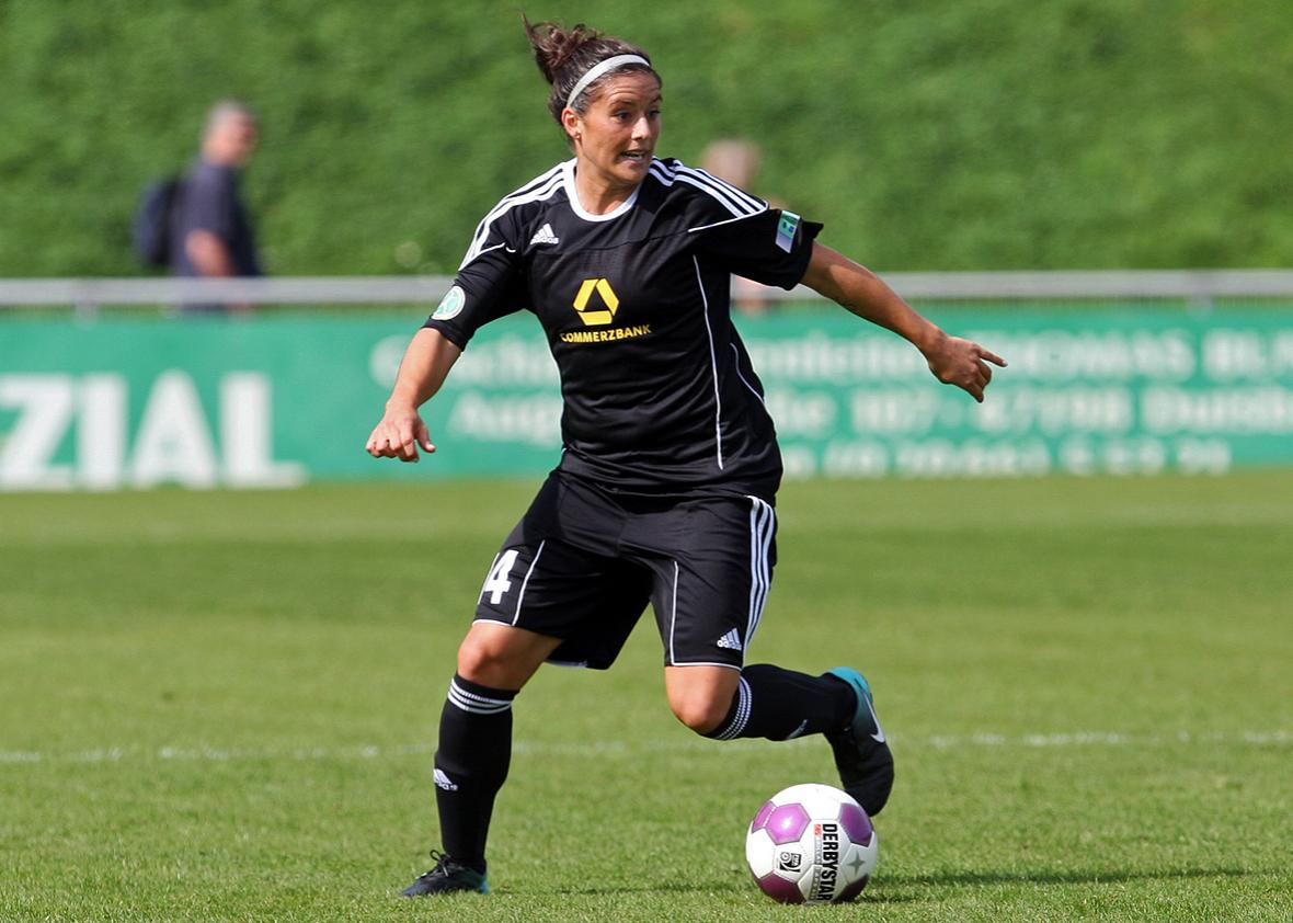 Ali Krieger of Frankfurt runs with the ball during the Women's bundesliga match between FCR Duisburg and FFC Frankfurt at the PCC-Stadium on September 11, 2010 in Duisburg, Germany. 
