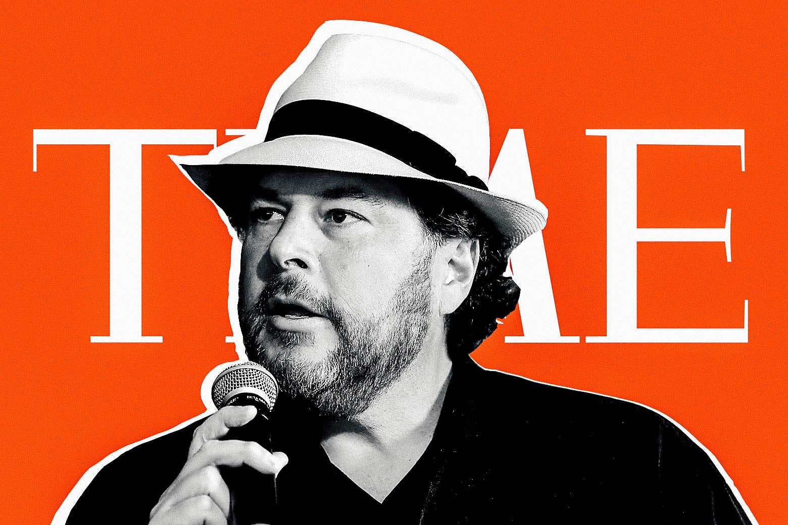 Marc Benioff, with a hat on, in front of the Time logo.