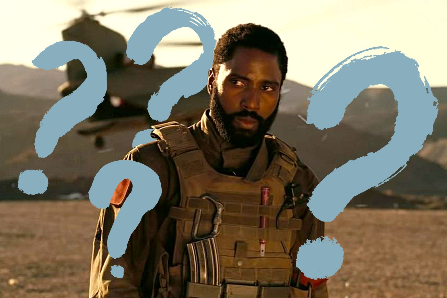 John David Washington in Tenet with questions marks over the image.