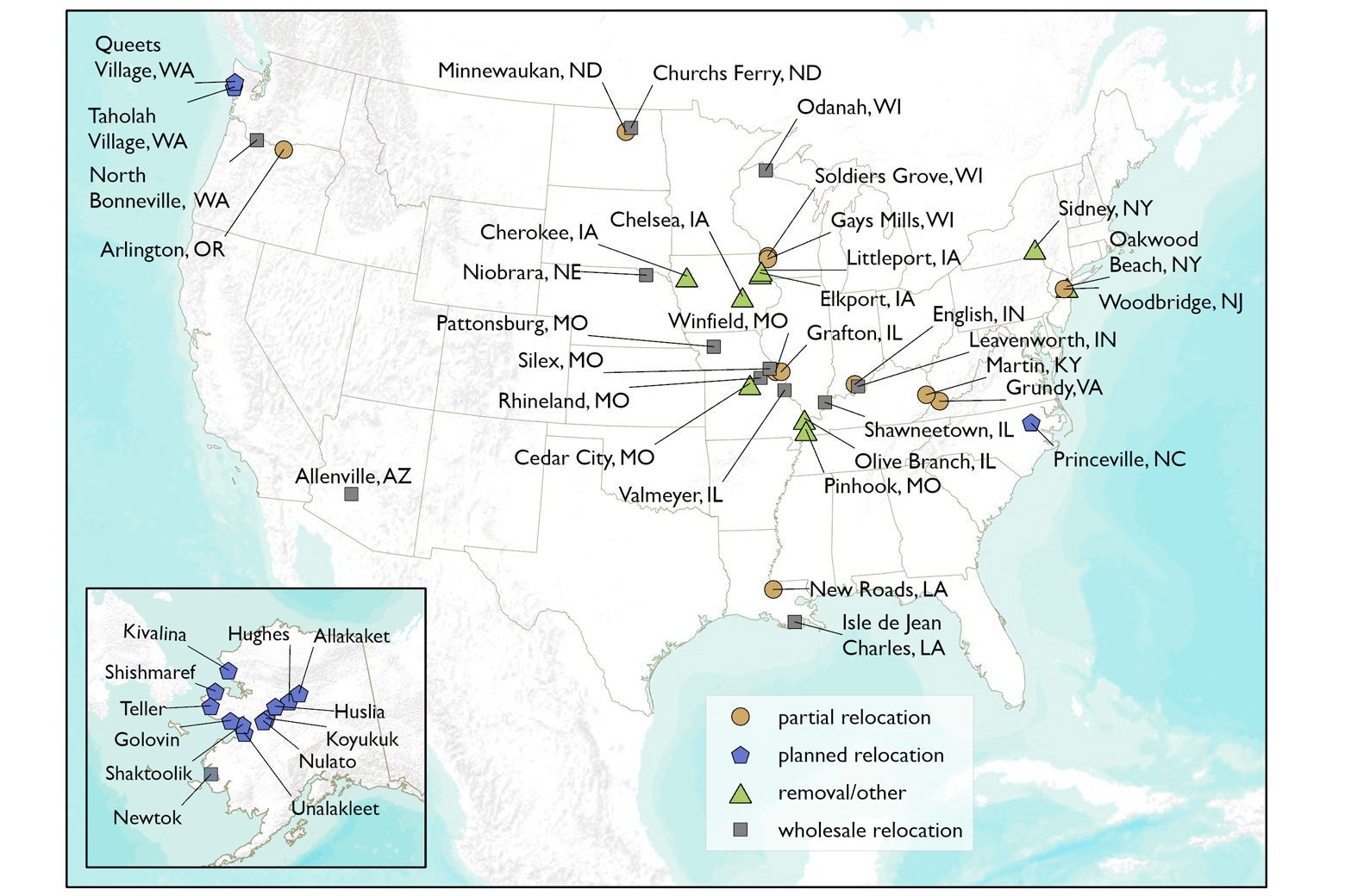 A map showing the locations of dozens of U.S. towns that have been or will be relocated.