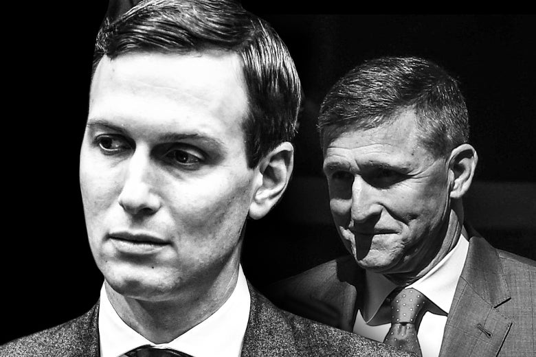 Jared Kushner and Michael Flynn in a composite black-and-white photo.