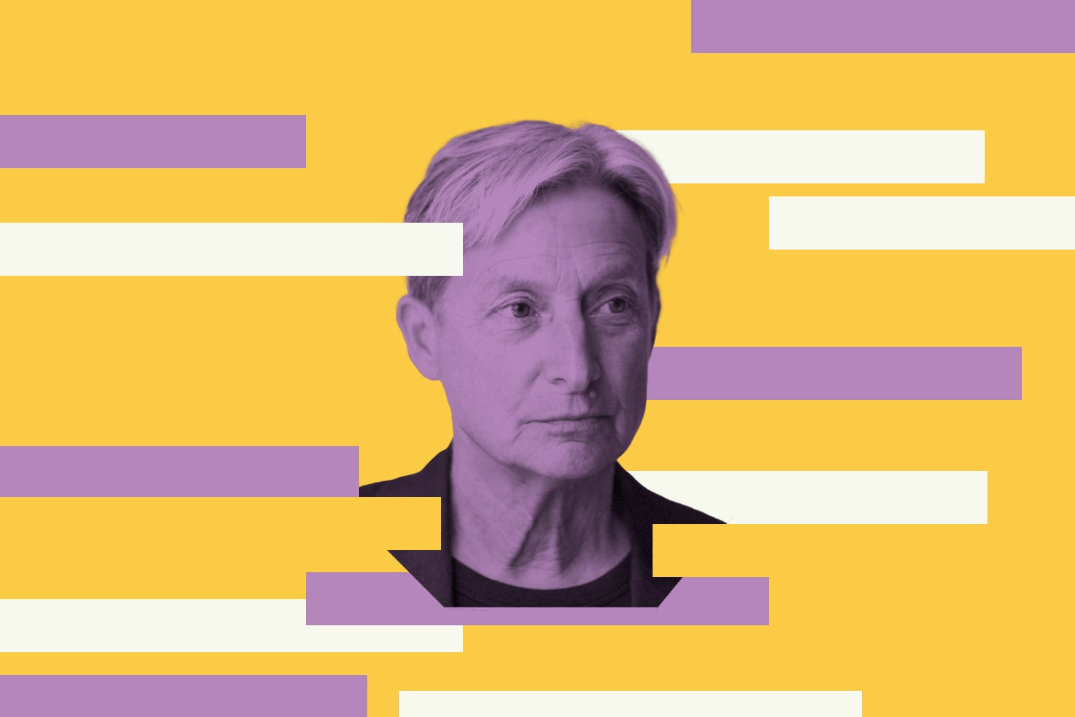 Judith Butler, over a purple-and-yellow background.
