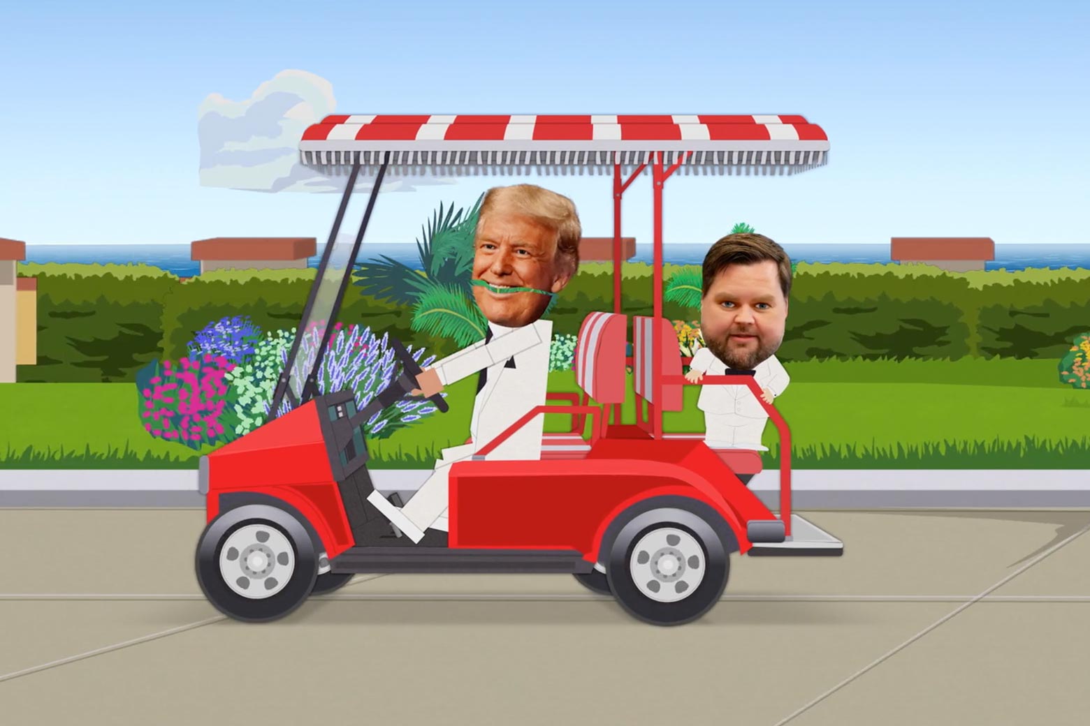 Donald Trump and J.D. Vance, cartoon-ified, riding a golf cart around Mar-a-Lago on the latest South Park episode.
