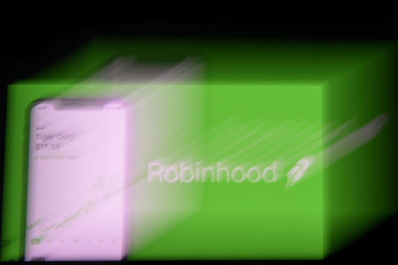 Image of the Robinhood app and logo blurred as if in motion