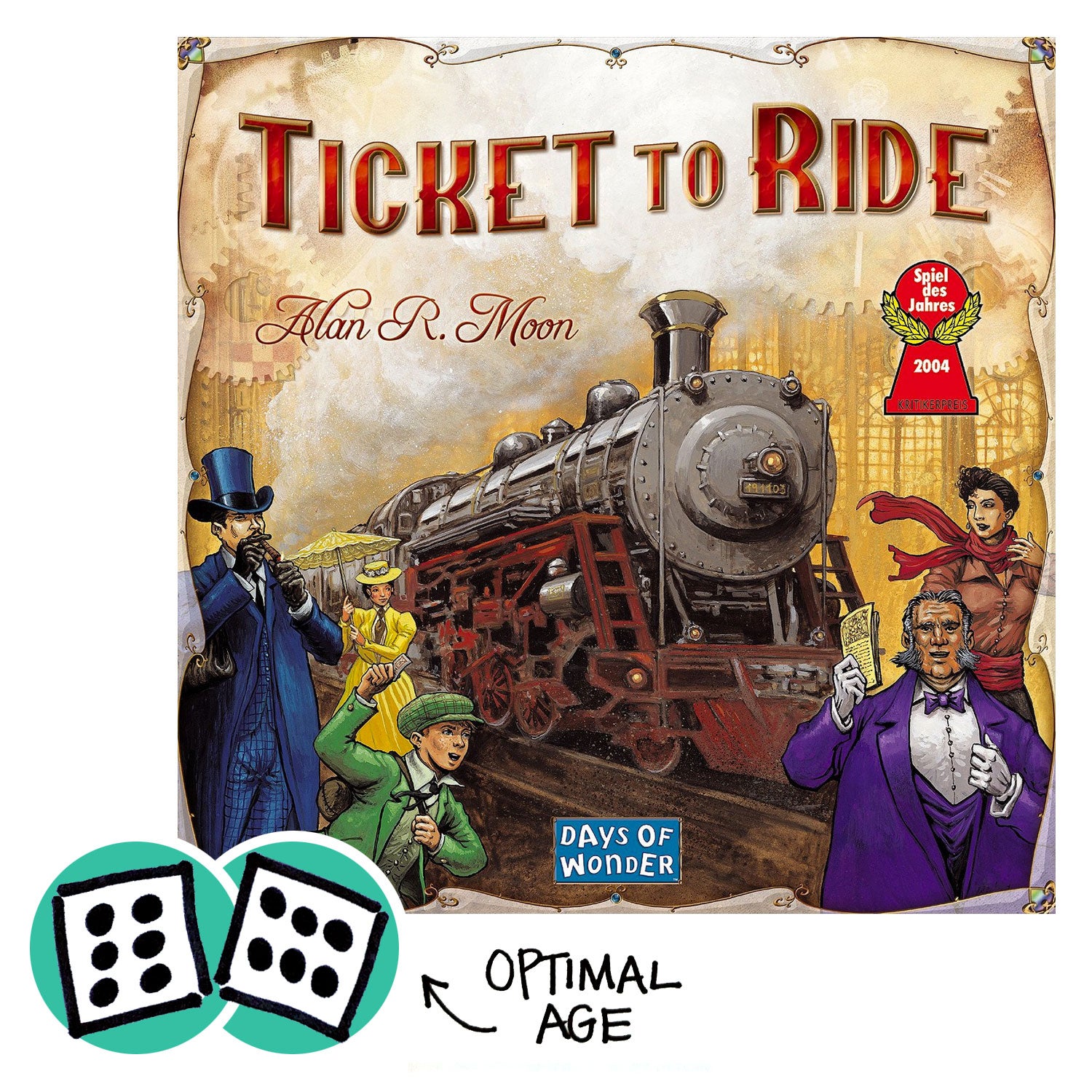 Ticket to Ride with dice showing optimal age