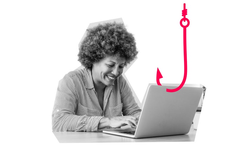 A person types on a laptop that has an illustrated hook snaring it.