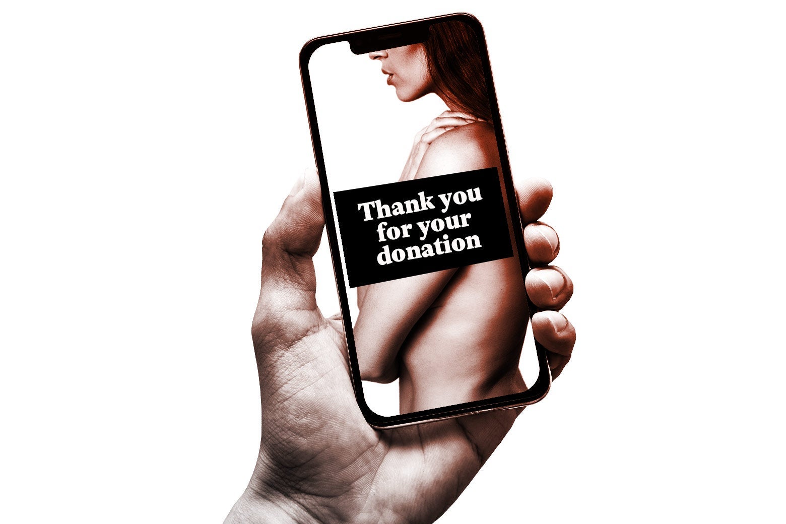 A hand holds up a smartphone with a photo of a naked woman on it. The woman is covered by a bar of text that says, "Thank you for your donation."