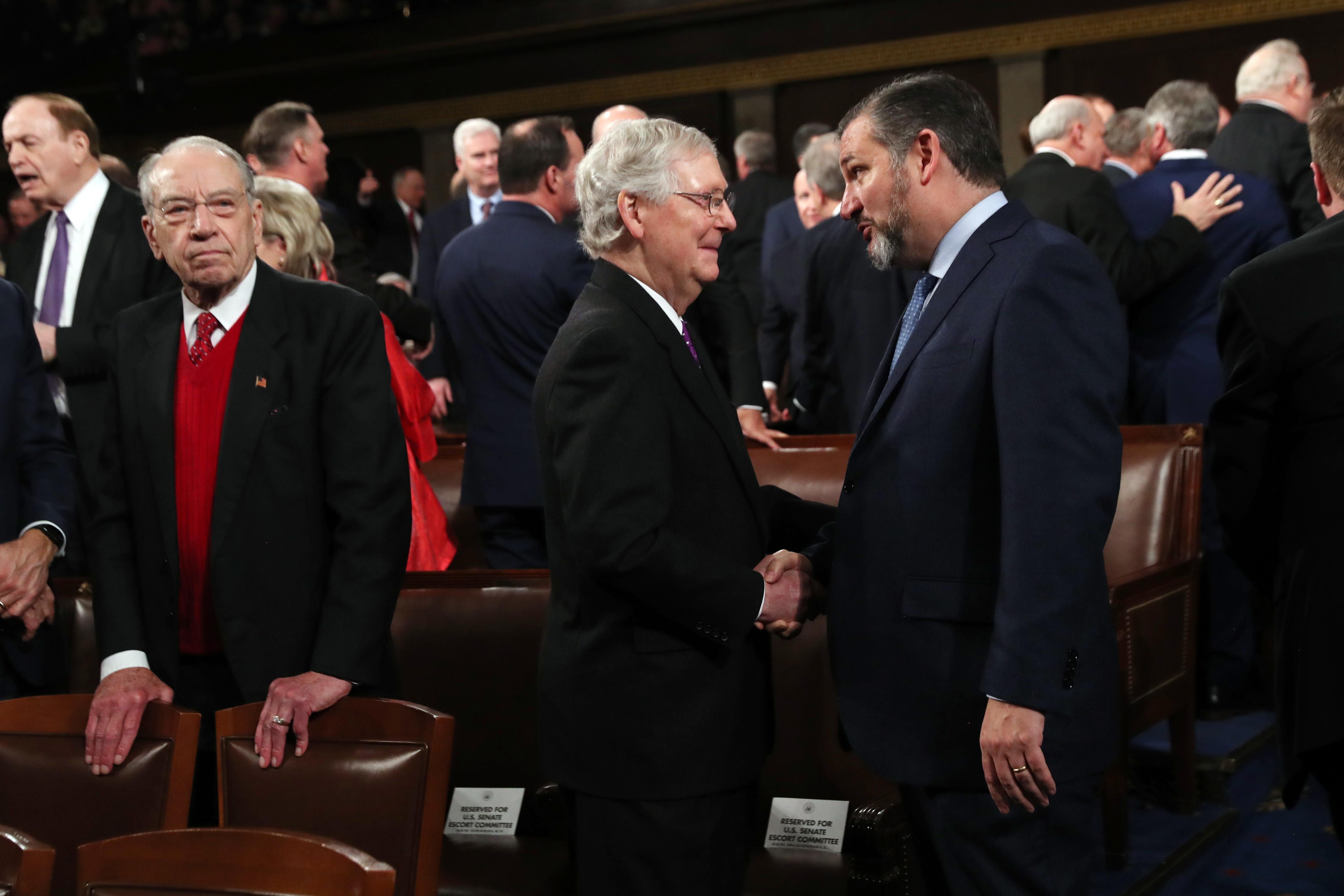 Mitch McConnell shakes hands with Ted Cruz as they stand among other senators on the floor of the House