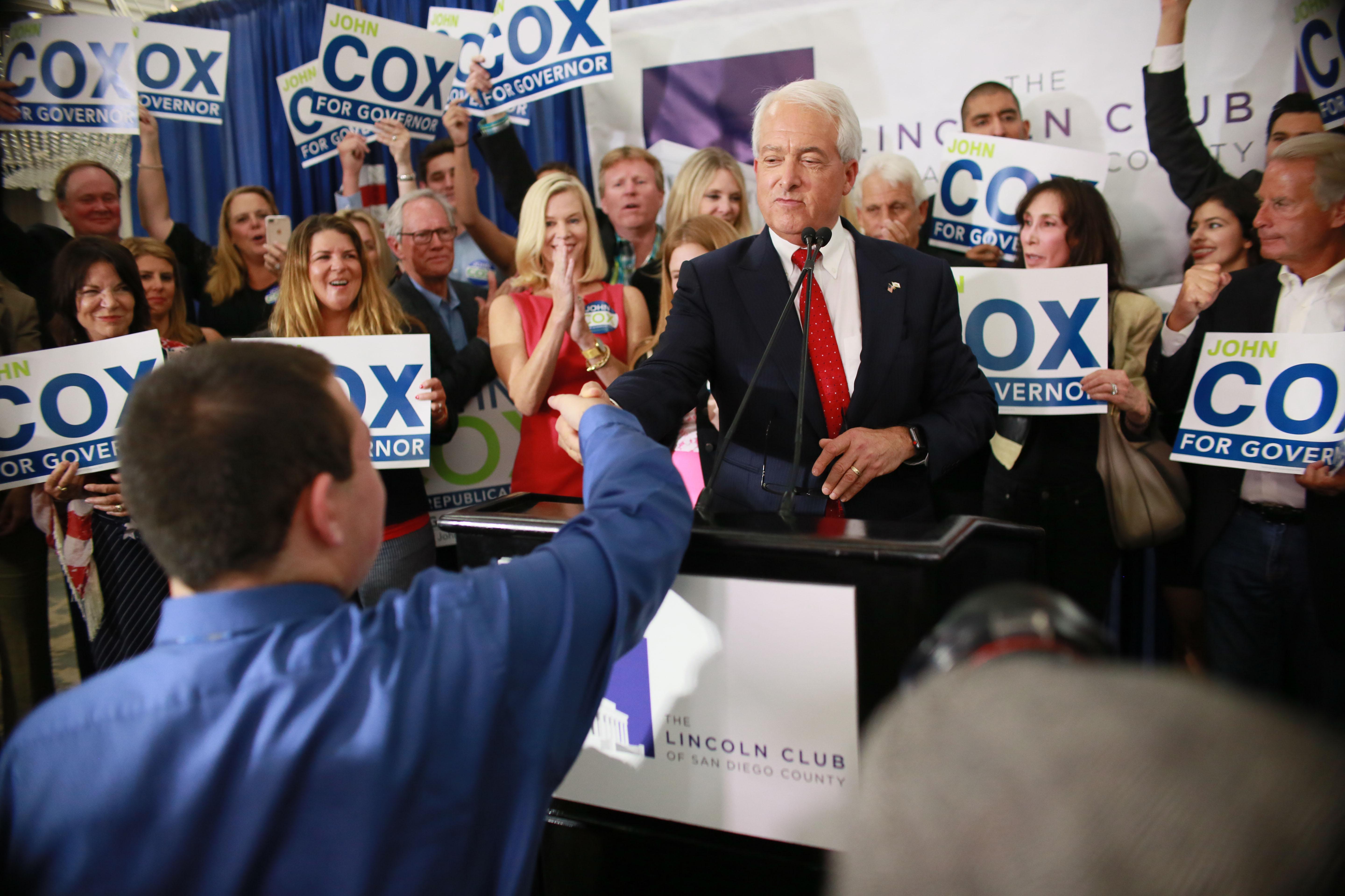 SAN DIEGO, CA-MAY 5: California GOP Gubernatorial Candidate John Cox speaks during an election eve party at the U.S. Grant Hotel on  June 5, 2018 in San Diego, California.  Cox, a businessman from Rancho Santa Fe, CA, is the leading Republican candidate for Governor of California(Photo by Sandy Huffaker/Getty Images)