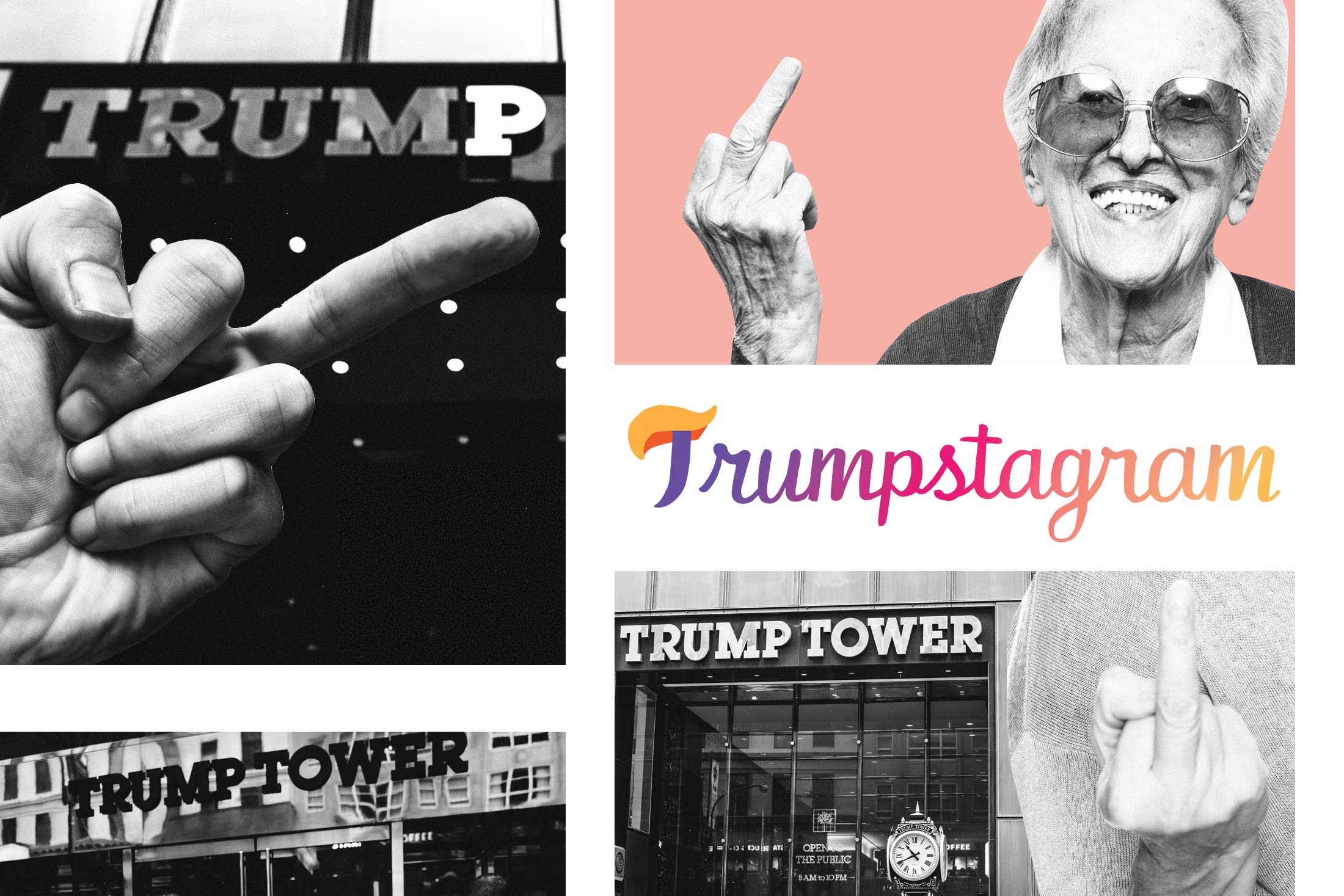 A collage of multiple people flipping off Trump Tower.