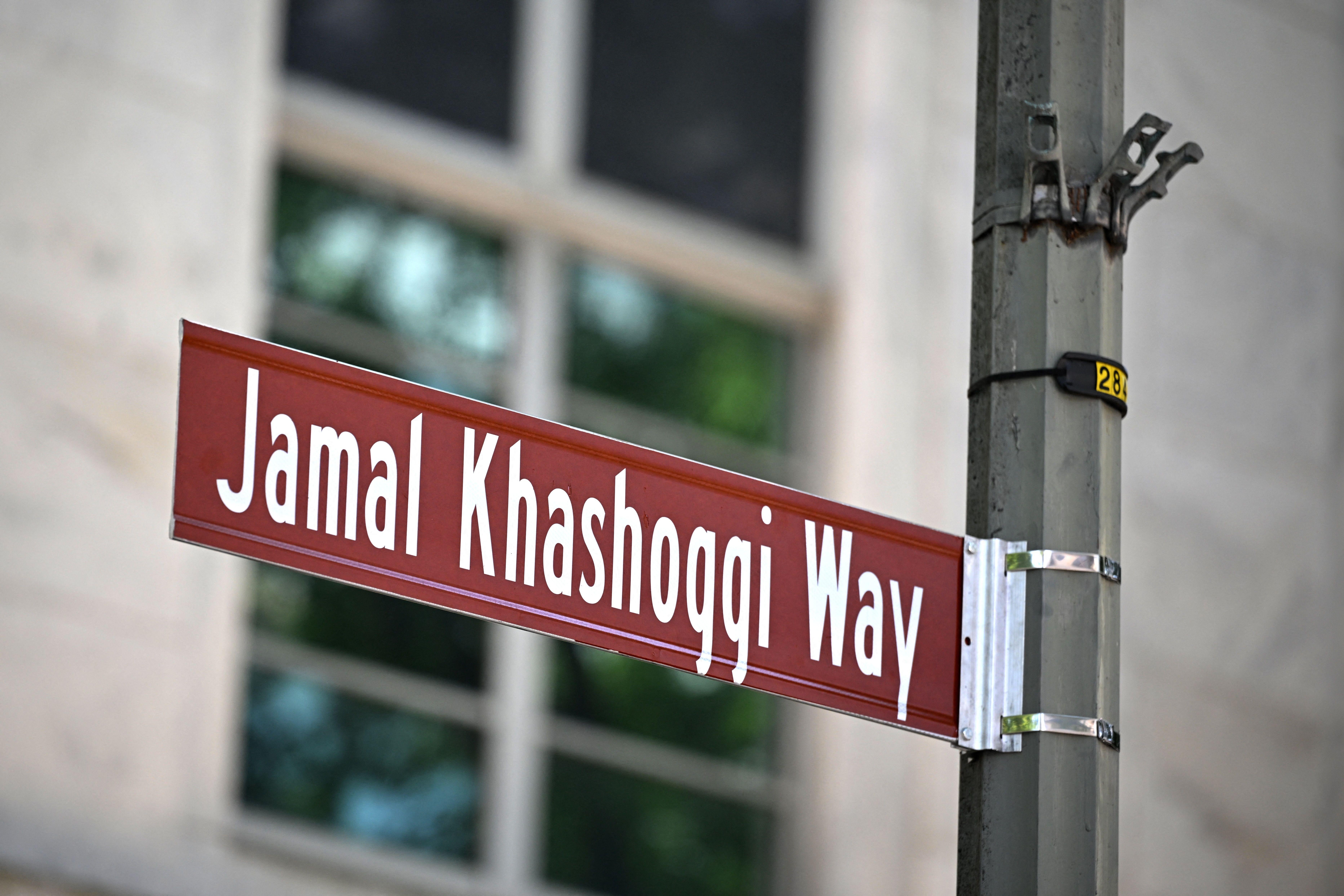A street sign for Jamal Khashoggi Way outside of the Embassy of Saudi Arabia in Washington, DC on June 15, 2022.