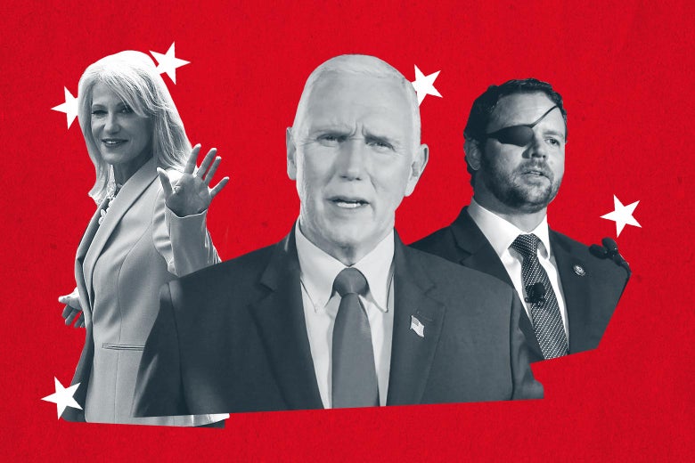 Kellyanne Conway, Mike Pence, and Dan Crenshaw, all seen against a red background with white stars