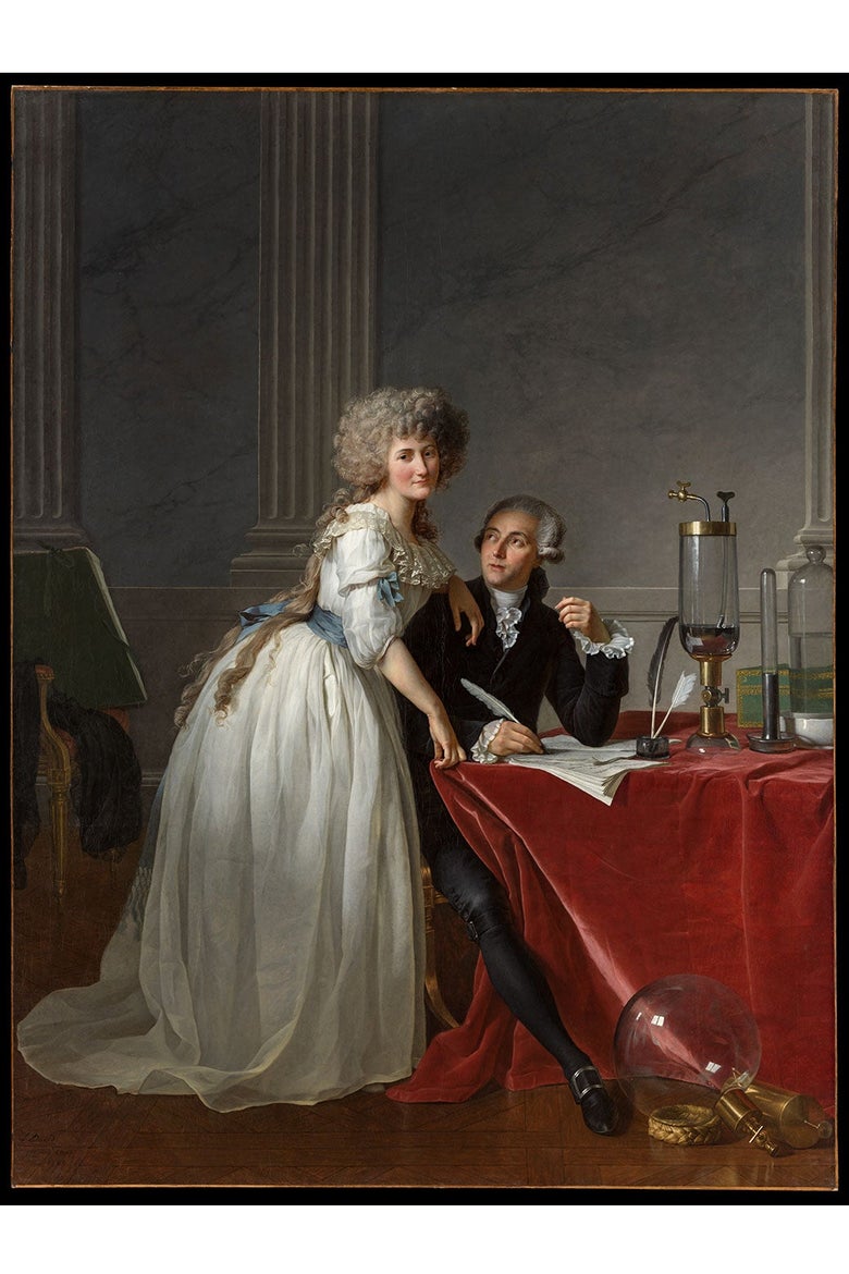 A painting of a standing woman embracing her husband, who's sitting at a table with a chemistry set while looking up at his wife.