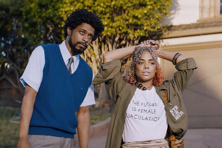 Lakeith Stanfield and a female co-star in Sorry to Bother You.