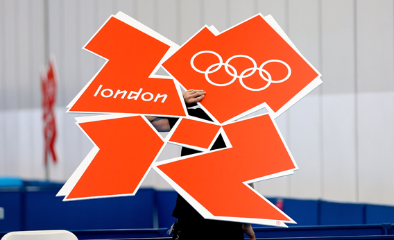A London 2012 logo is installed in the table tennis practice arena at ExCel on July 24, 2012 in London, England.