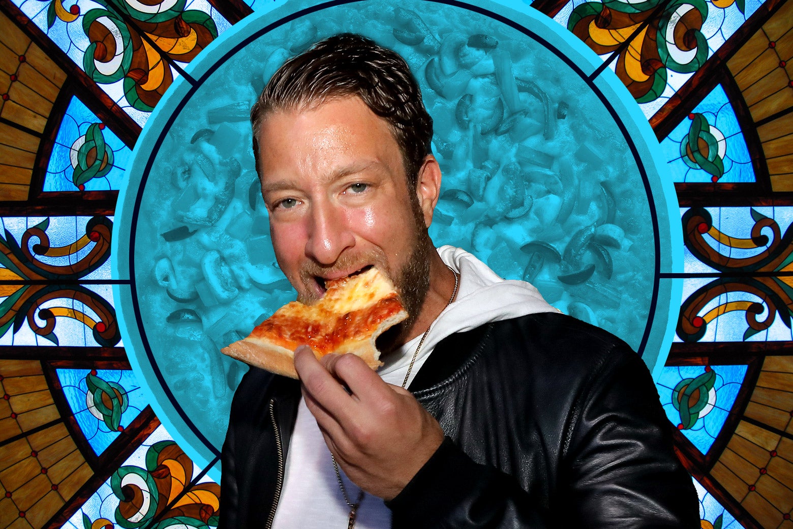 Dave Portnoy eats pizza with a colorful background.