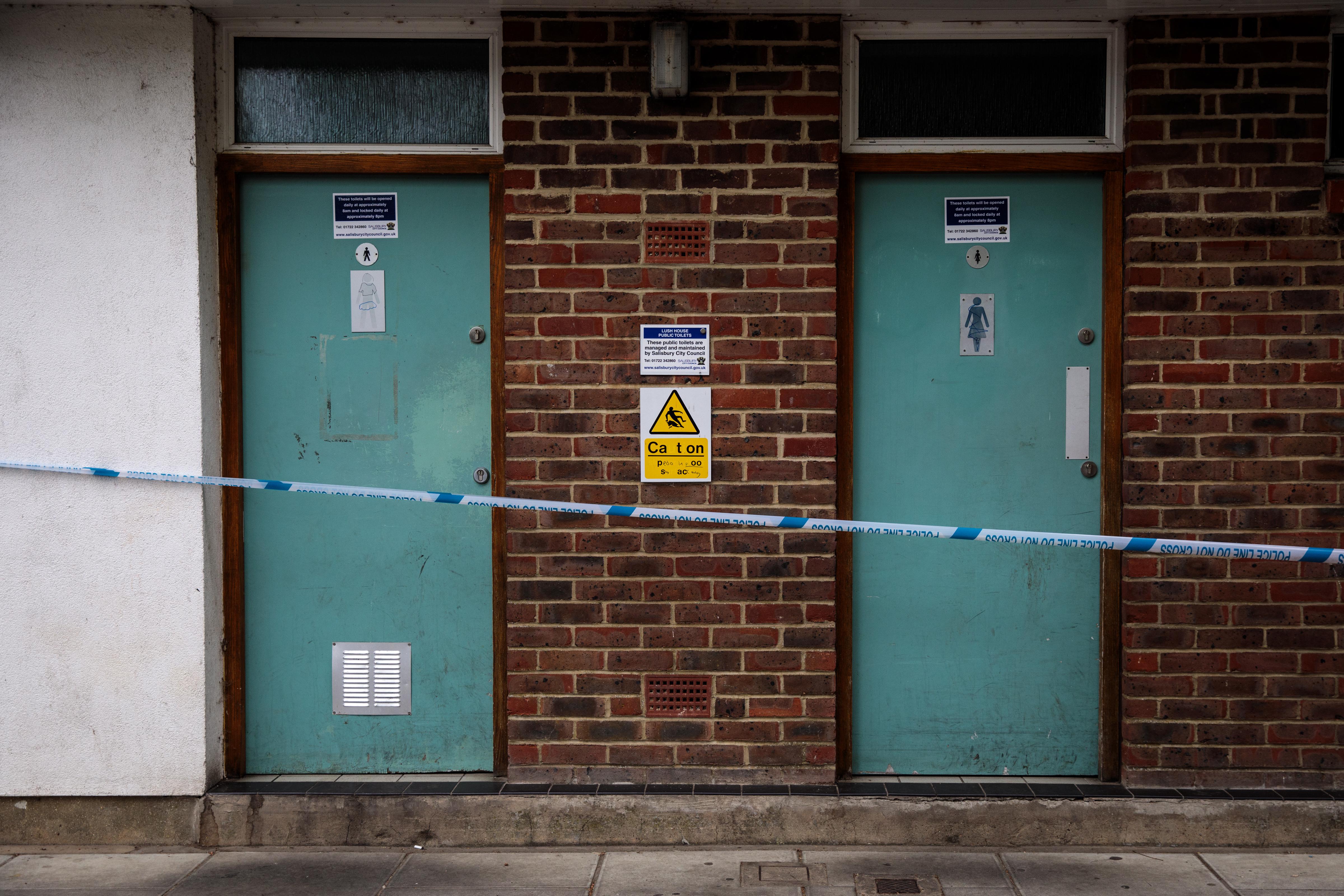 A police cordon in place around male and female public toilets at Queen Elizabeth Gardens in Salisbury, thought to be connected to a man and woman in Amesbury who are in hospital after being exposed to the nerve agent Novichok on July 4, 2018 in Salisbury, England. 