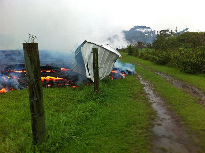 On Saturday, the lava burned this shed. 