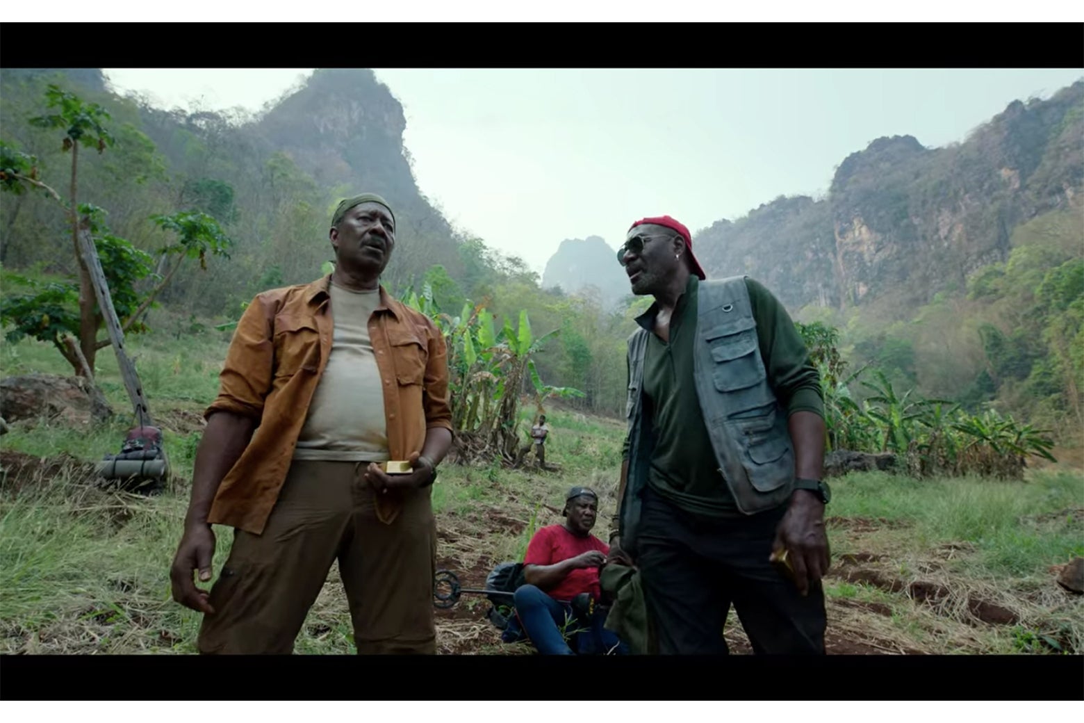 A scene from Da 5 Bloods showing Clarke Peters, Delroy Lindo, and Isaiah Whitlock Jr. in the jungles of Vietnam.