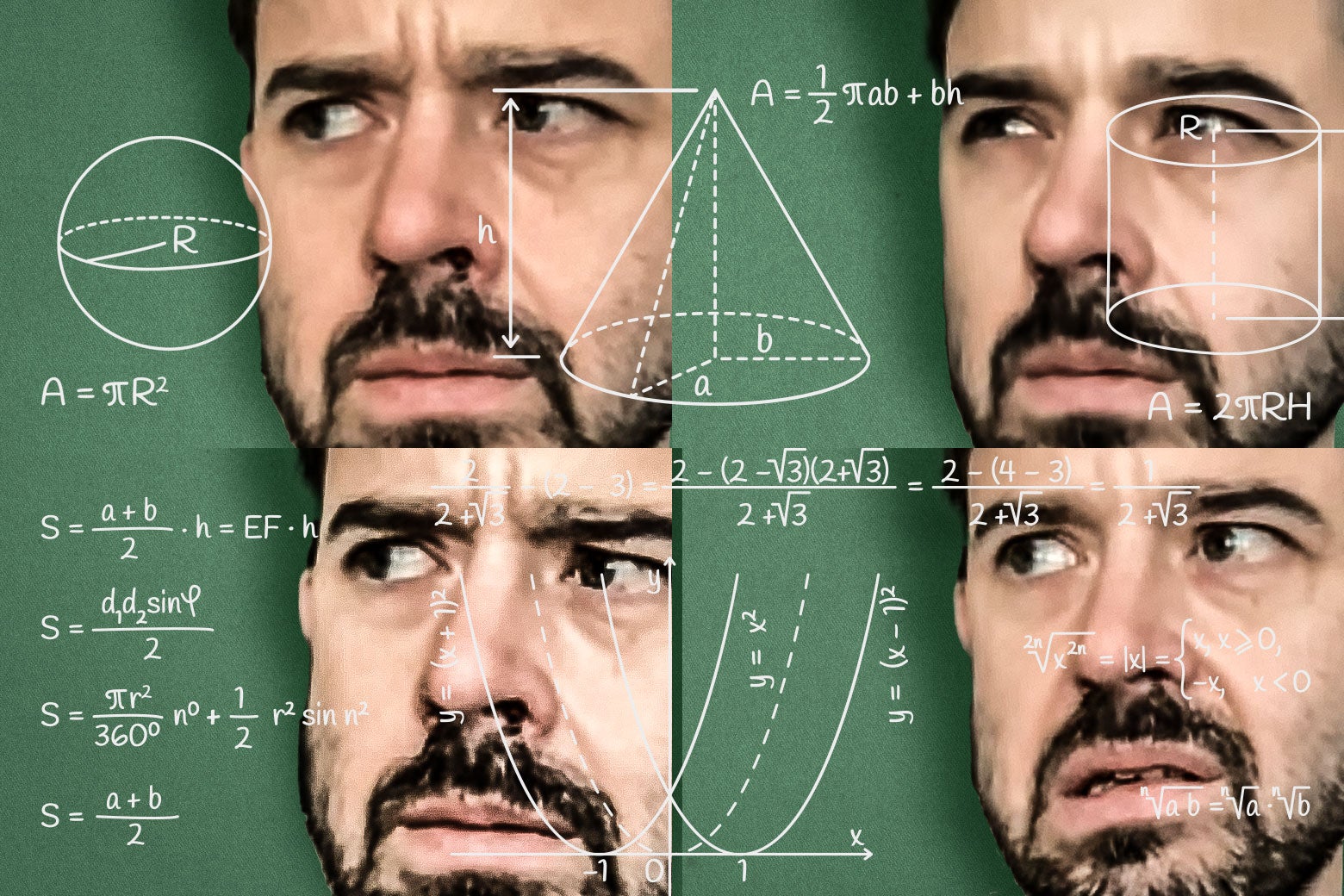 A photo illustration of Slate's Ben Mathis Lilley looking confounded, with equations superimposed on his face.