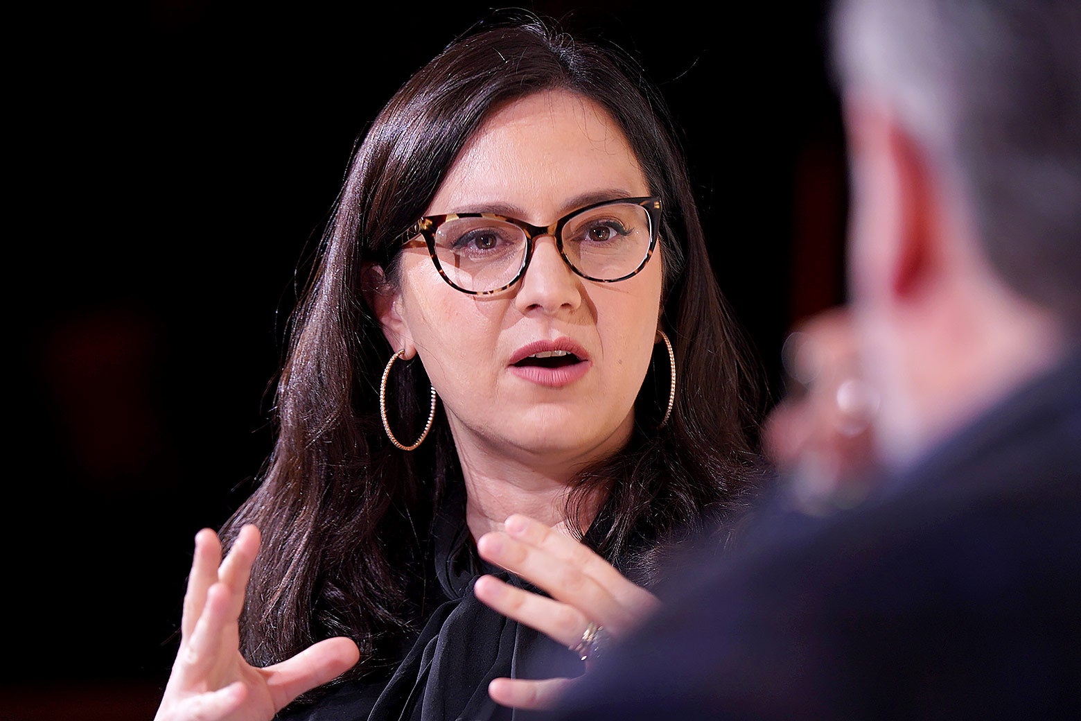 Bari Weiss holding her hands out as if to say "Ancient Aliens"