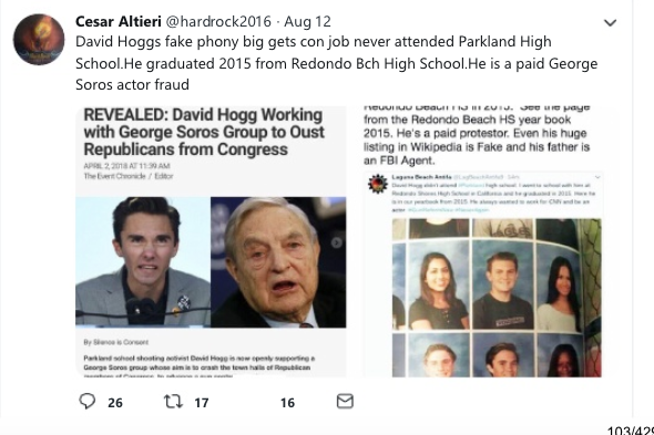 A right-wing meme attempting to show that David Hogg was paid by George Soros.