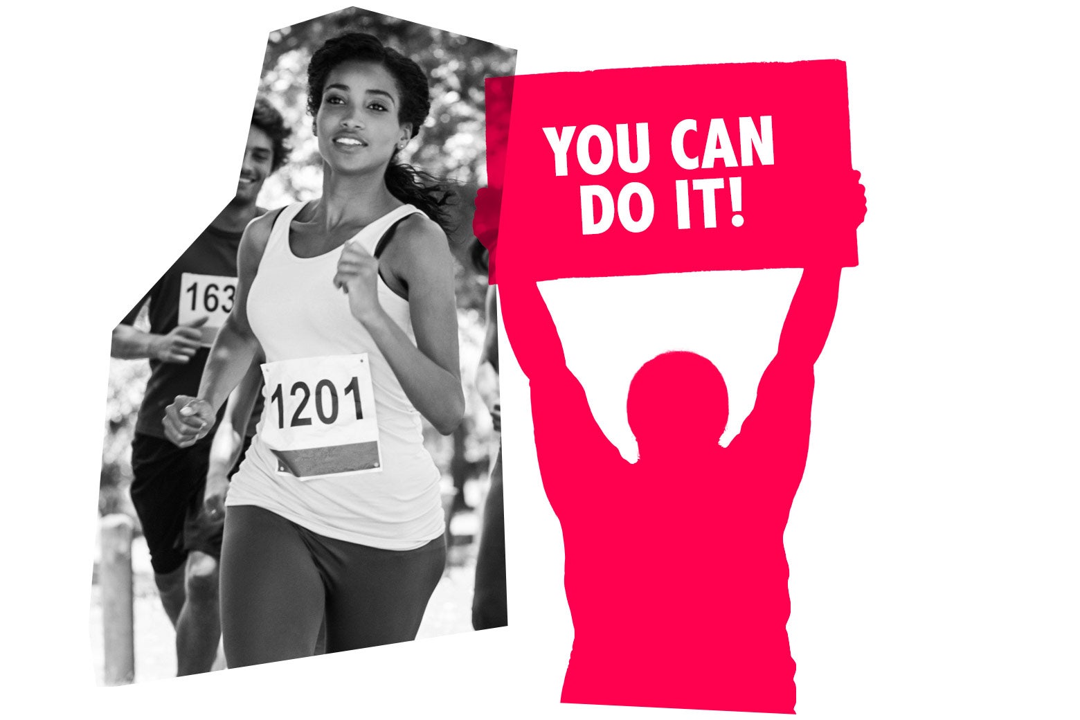 A marathon runner runs next to an illo of a person cheering her on with a sign reading "you can do it."