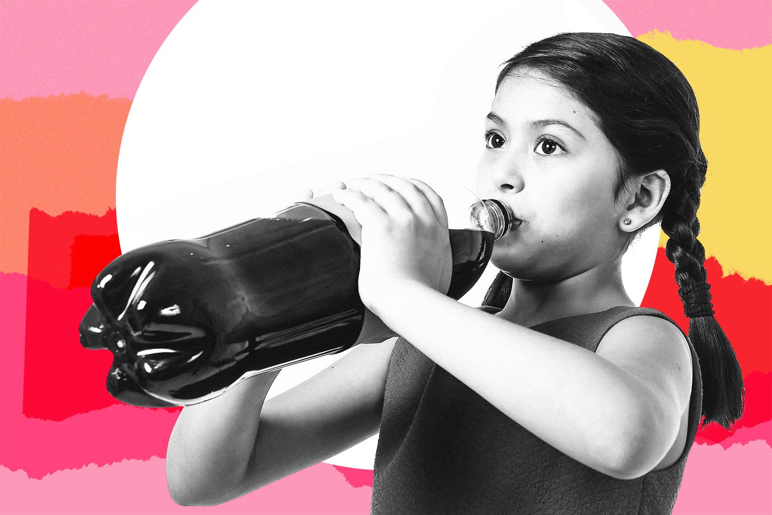 A young girl drinks directly out of a two-liter bottle of probably soda. Her no-soda mom is nowhere to be found.