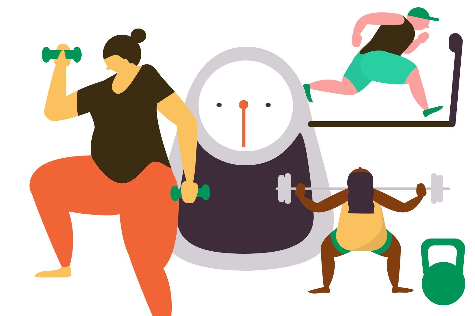An illustration of people lifting weights and running on a treadmill with a scale in the middle.