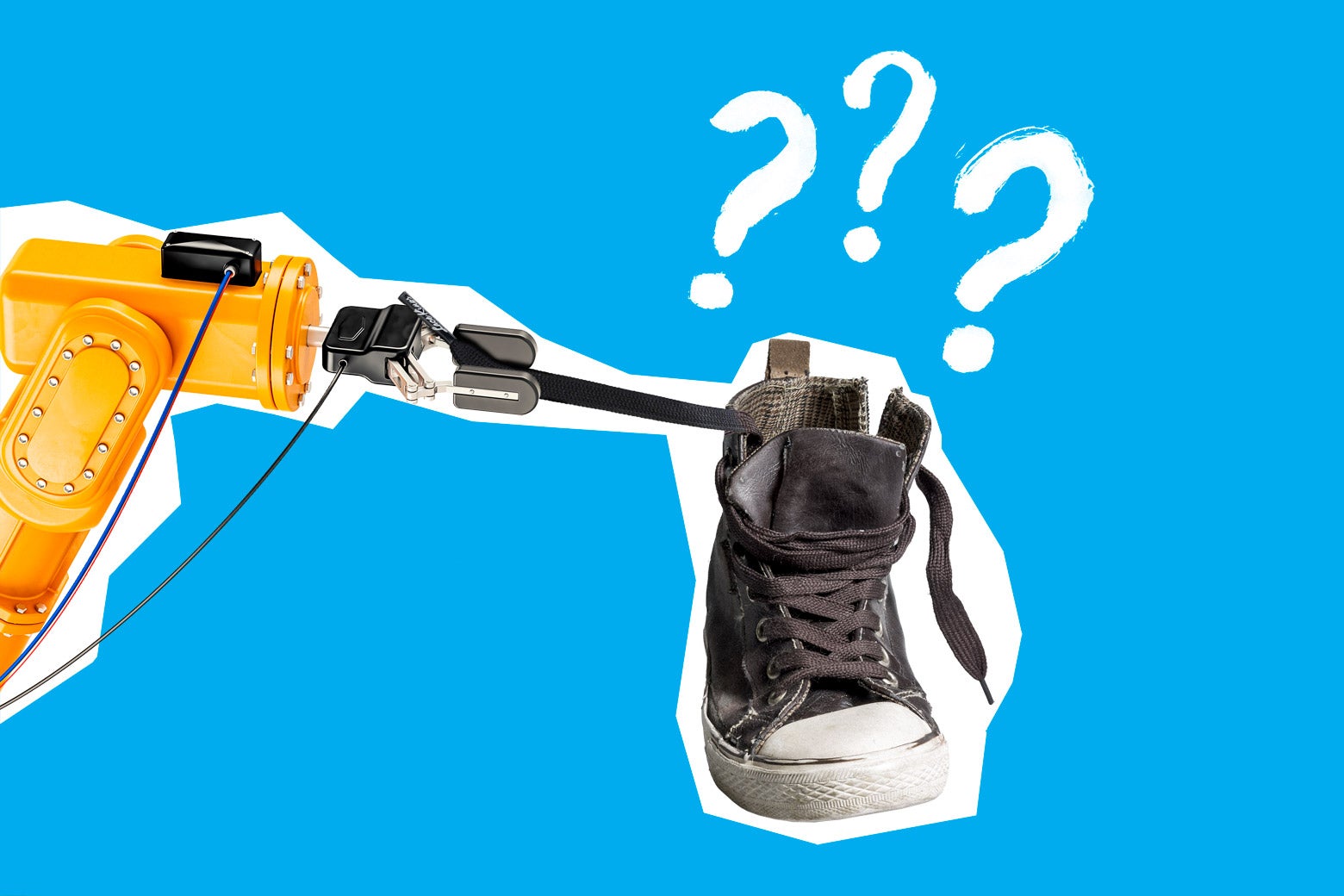 A robot trying to tie a shoelace on a shoe with question marks around it.