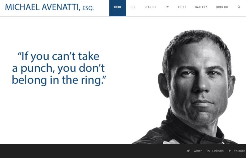 Michael Avenatti's website, which features a glamour photo of him and the phrase "If you can't take a punch, you don't belong in the ring."