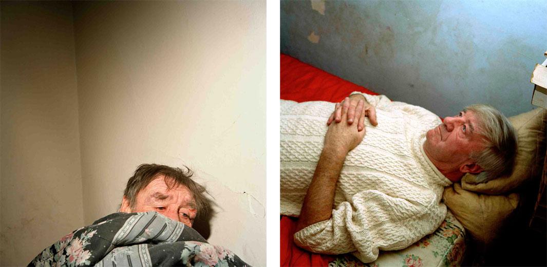 Left: Butchie Under Covers, 2003. I took this photograph of Butch McBride one evening in the room he rented in a boarding house. After learning of the death from pneumonia of a dear friend, Butch went on a drinking binge, fell and cut his forehad. I found out last year that Butch is now dead, too. Right: Charlie Praying, 2003. Charlie lived in a boarding house on the boulevard. One night, I went back to his room and asked him if he could show me how he prayed.