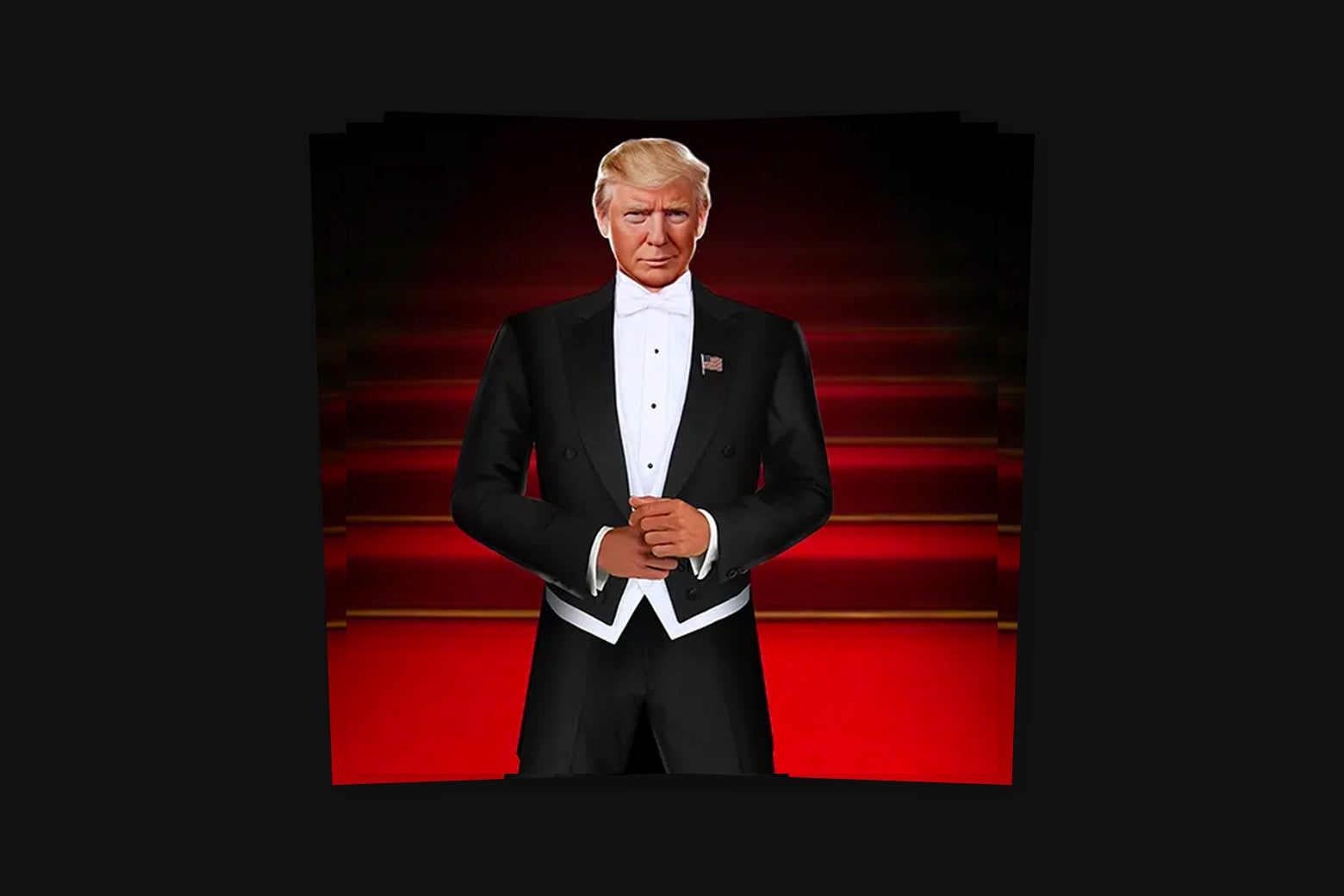 Uma imagem na qual a cabeça de Trump foi colocada em cima de um homem elegante em um smoking parado em frente a degraus acarpetados vermelhos.