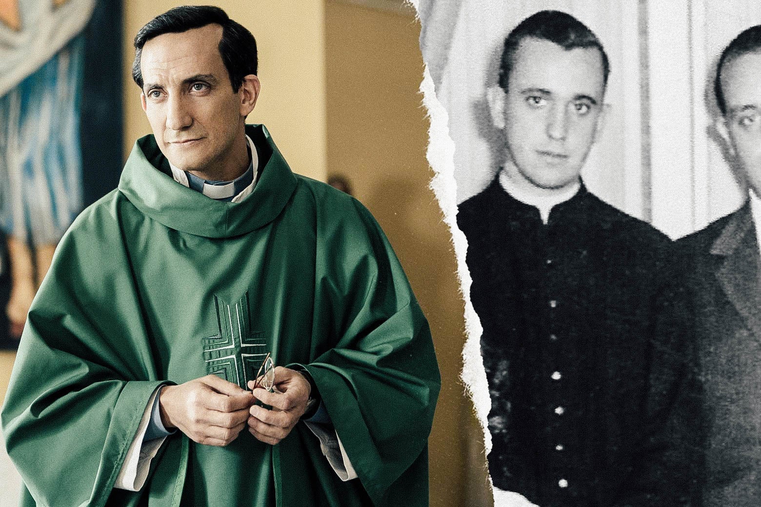 Juan Minujín as young Jorge Mario Bergoglio in The Two Popes; undated photo of the real Bergoglio.